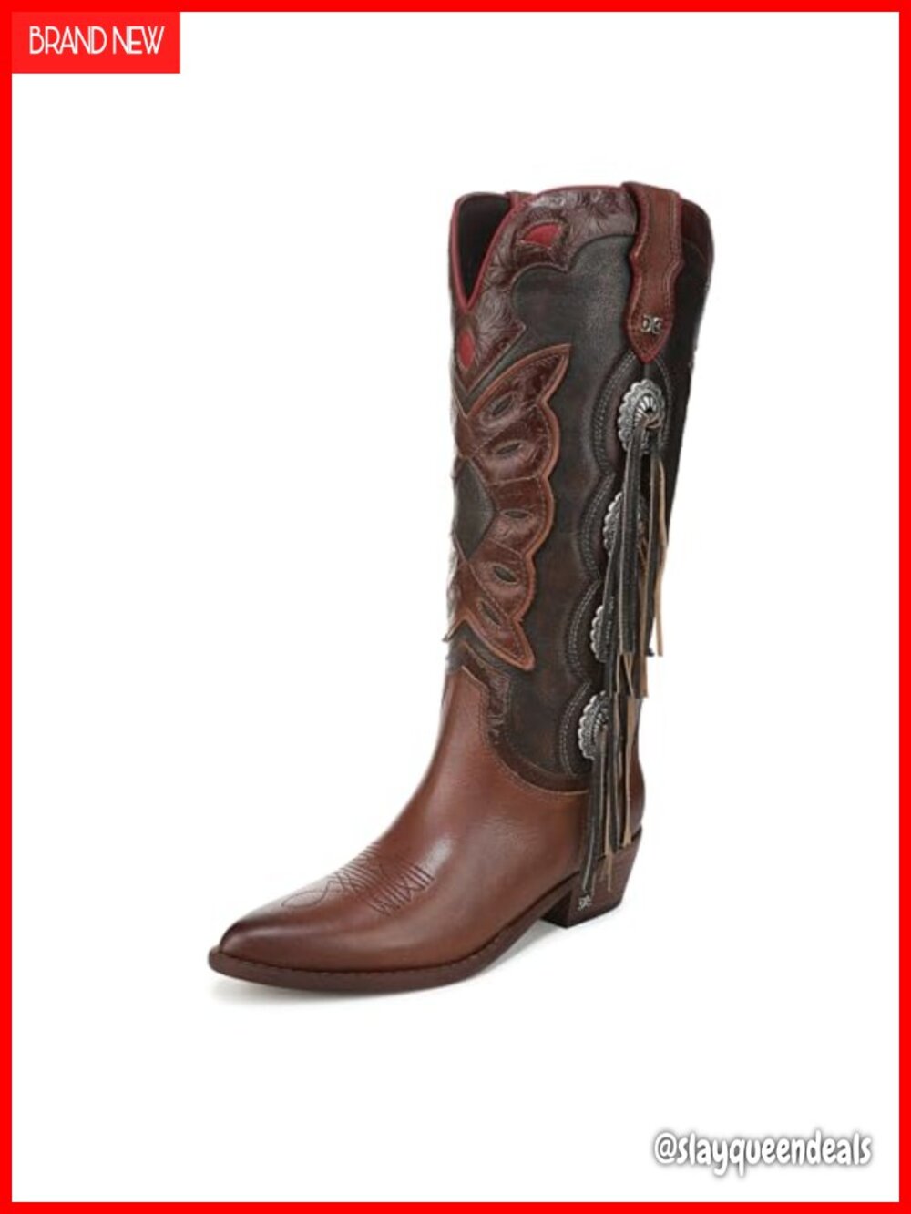 Leather Western Cowboy Boots Fringe Pointed Toe Mid-Calf Pull-On